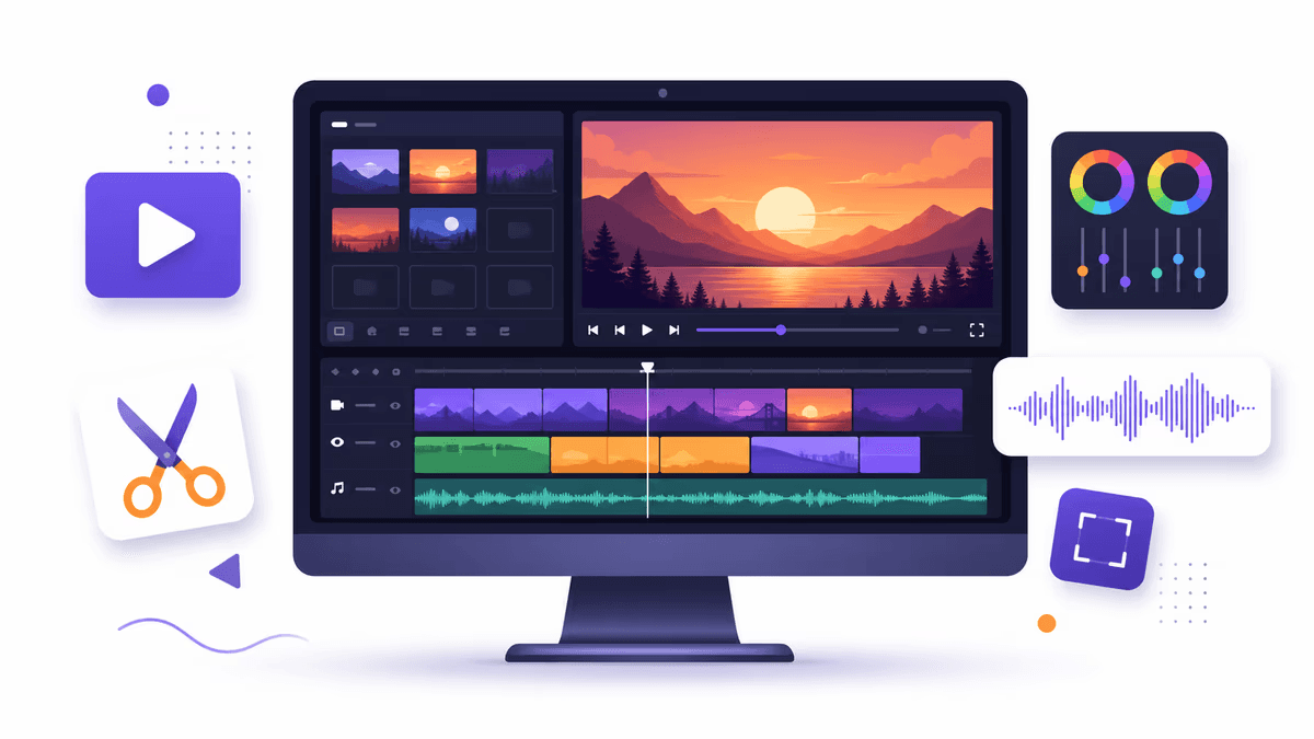 Ilustração de editor de vídeo em um monitor com linha do tempo e rodas de cor