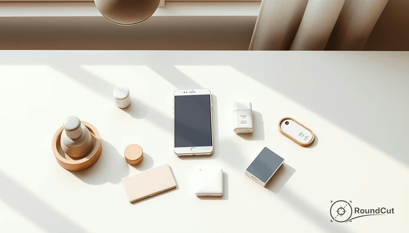 A collection of minimalist electronic devices and home decor items is neatly arranged on a bright white surface...