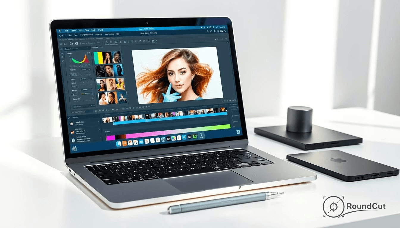 A laptop displaying photo editing software with a woman's portrait, accompanied by a drawing tablet, a stylus, and a desk...