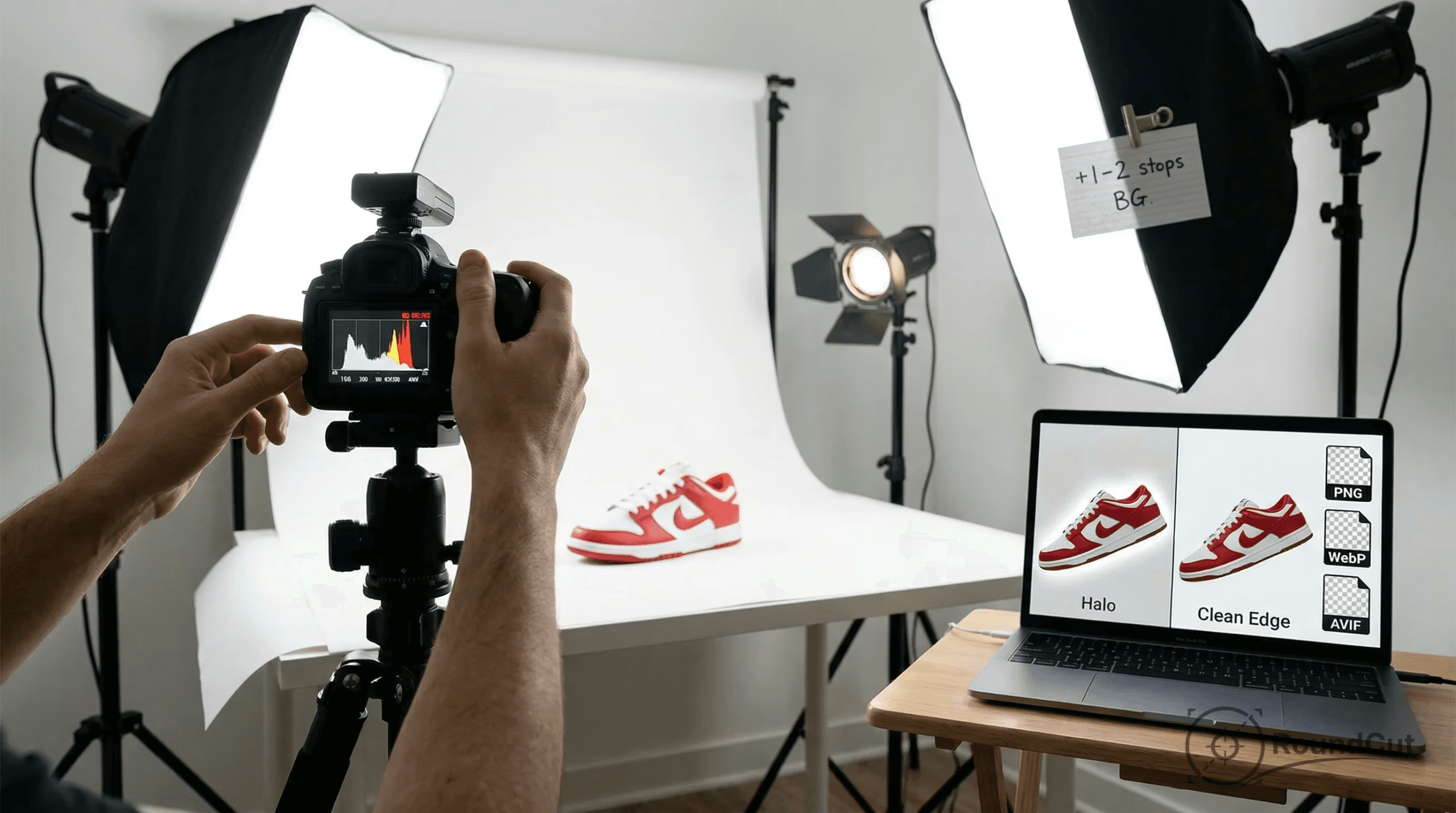 A photographer uses a studio setup to capture a red and white sneaker, simultaneously displaying the camera's live view