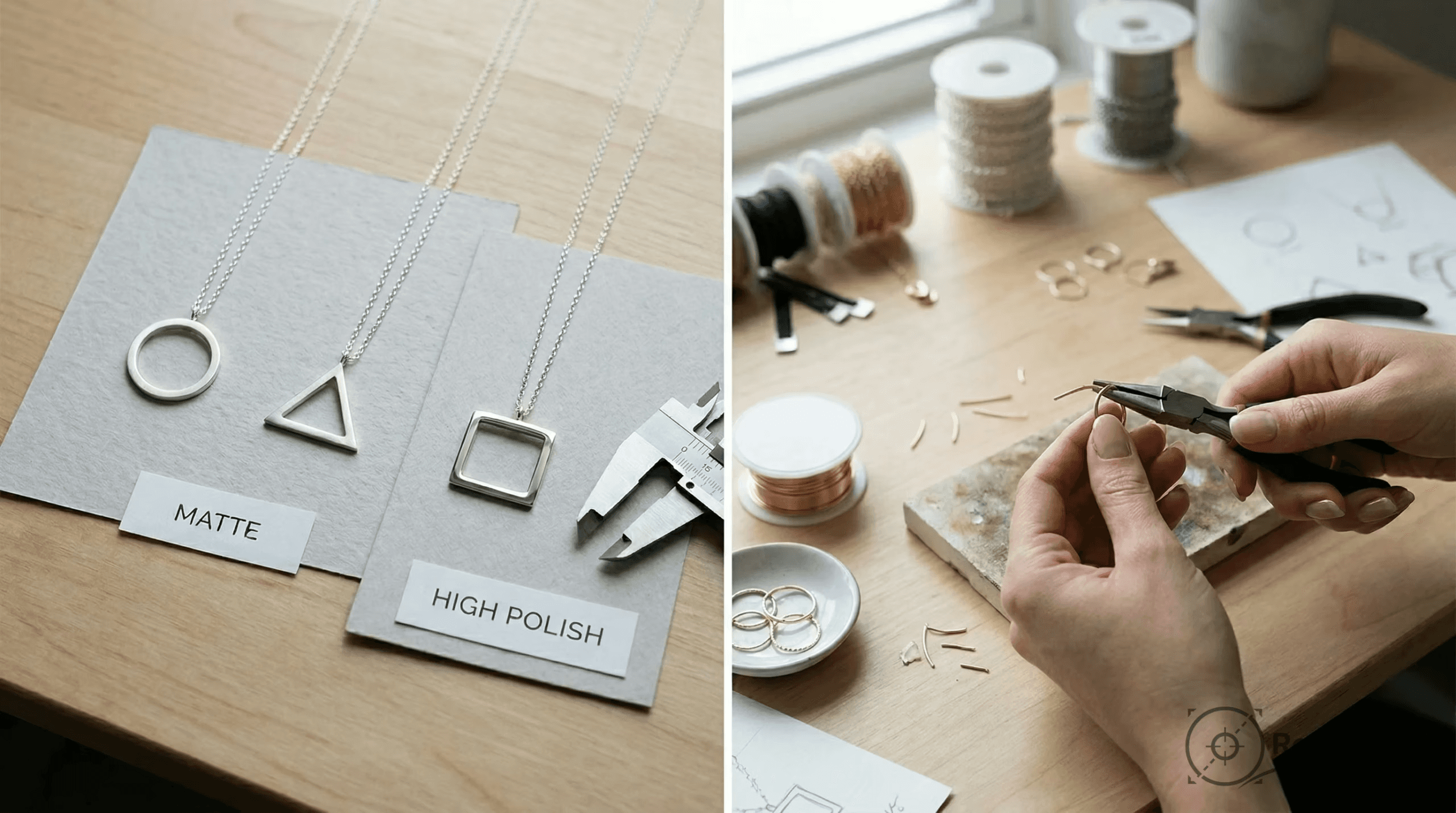 A split image contrasting matte and high polish silver geometric necklaces with a caliper, alongside hands using pliers