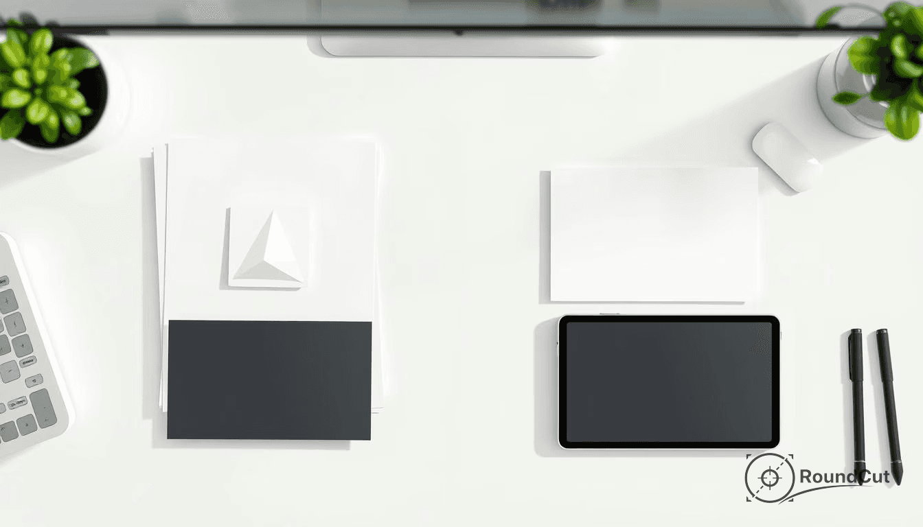 A top-down flat lay showcases a minimalist white desk setup with a tablet, stack of papers, pens, a mouse, and potted plants