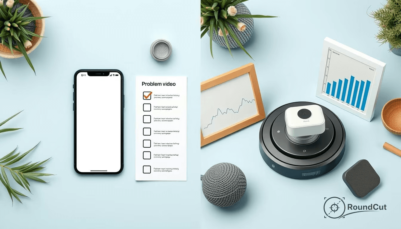 A top-down flat lay showcases a smartphone, a smart camera on a rotating base, and data charts, emphasizing smart home...