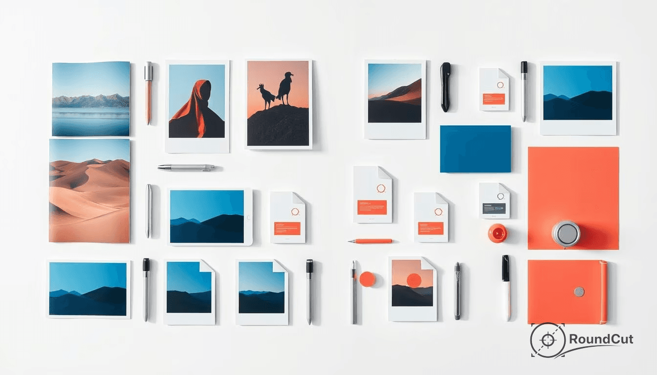 A top-down flat lay showcasing branding elements and stationery with minimalist landscape and silhouette imagery in a...