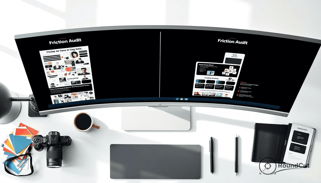 A top-down view of a minimalist desk setup featuring a curved dual monitor displaying 'Friction Audit' content, flanked...