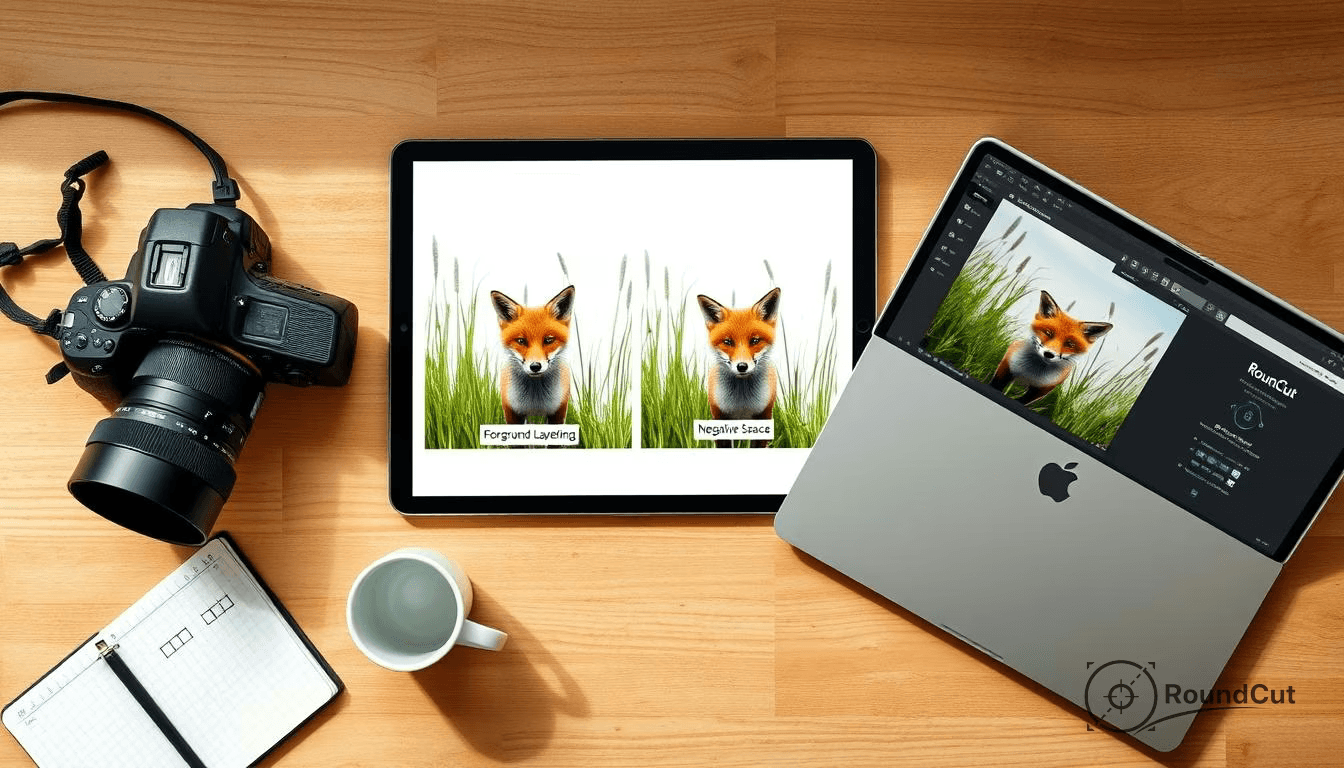 A top-down view shows a camera, a tablet comparing 'Foreground Layering' and 'Negative Space' fox images, and a laptop...