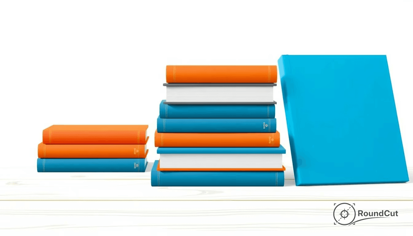 An arrangement of orange, blue, and white books stacked and one leaning on a light wooden surface against a white background
