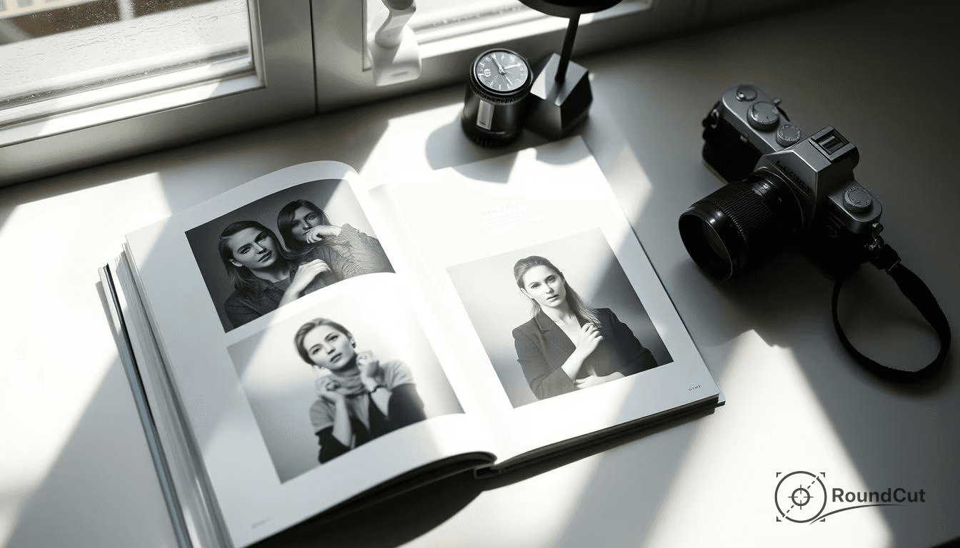 An open photo album with black and white portraits, a silver camera, and a desk clock are displayed on a white surface...