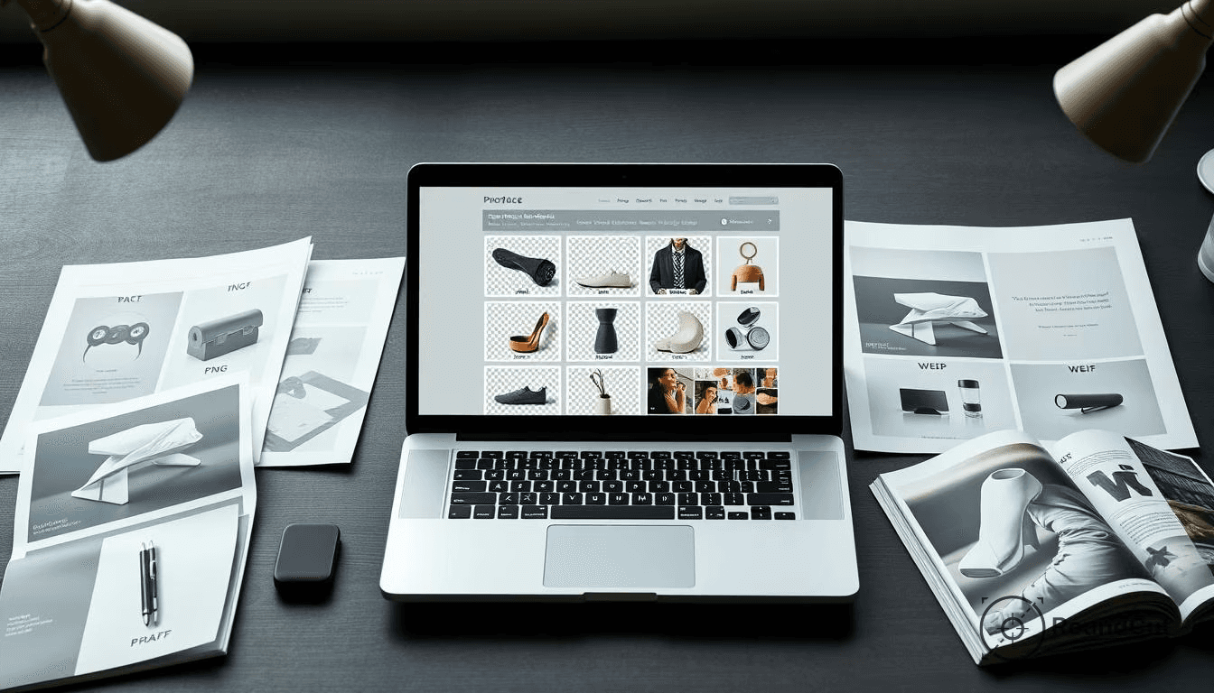 An overhead shot shows a laptop displaying product images alongside printed design mock-ups and a magazine, ideal for...