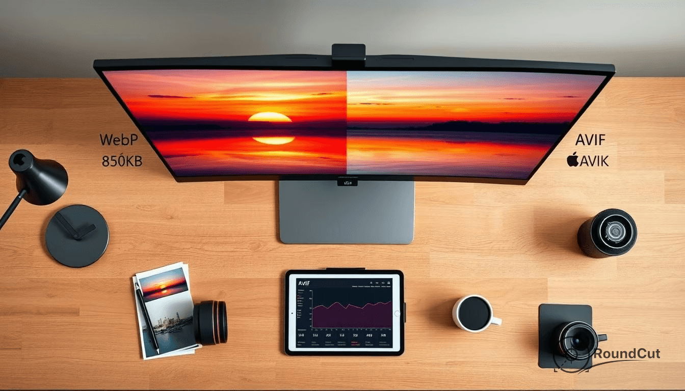 An ultrawide monitor displays a split sunset image, comparing 'WebP 850KB' vs. 'AVIF' formats, on an organized wooden desk
