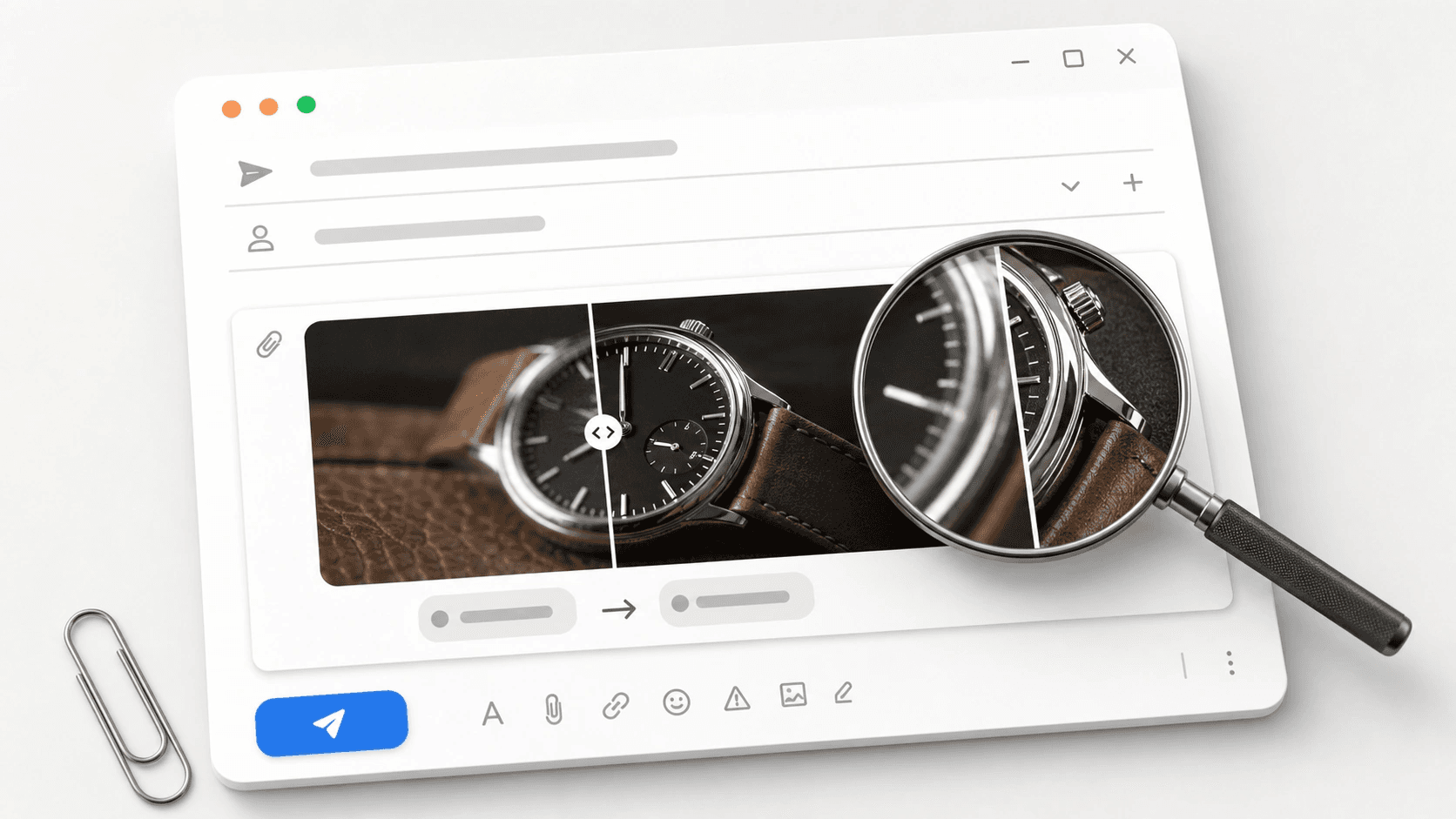 Mockup de e-mail com lupa comparando borda nítida e borda borrada numa foto ampliada.