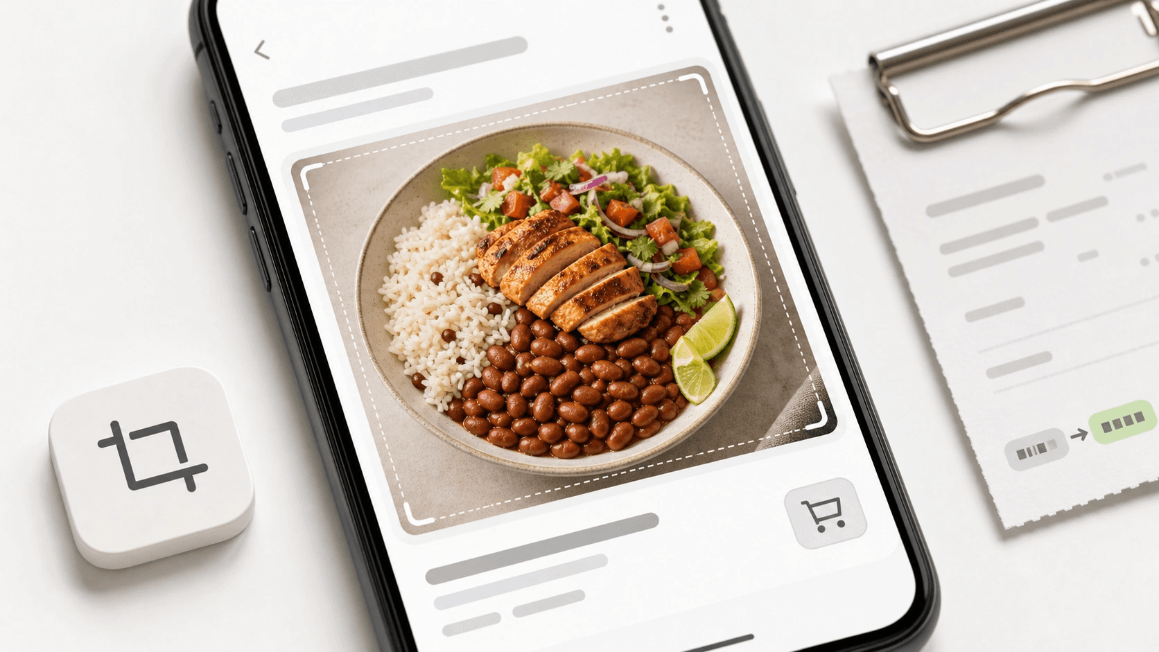 Mockup de cardápio de delivery com prato em 4:3, margem de corte e clipe de recibo ao lado.