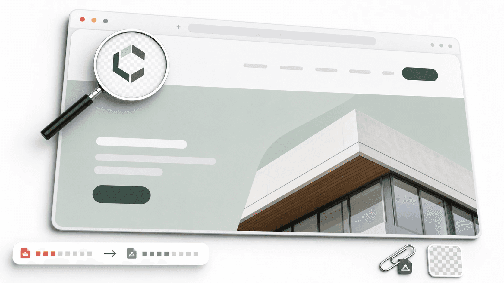 Mockup de site com logo transparente em lupa mostrando borda limpa e arquivo menor ao lado.