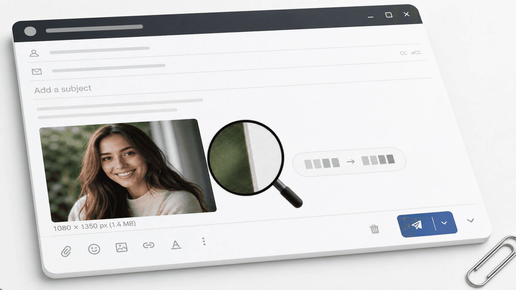 Mockup de e-mail com foto redimensionada e lupa mostrando pixels nítidos na borda.
