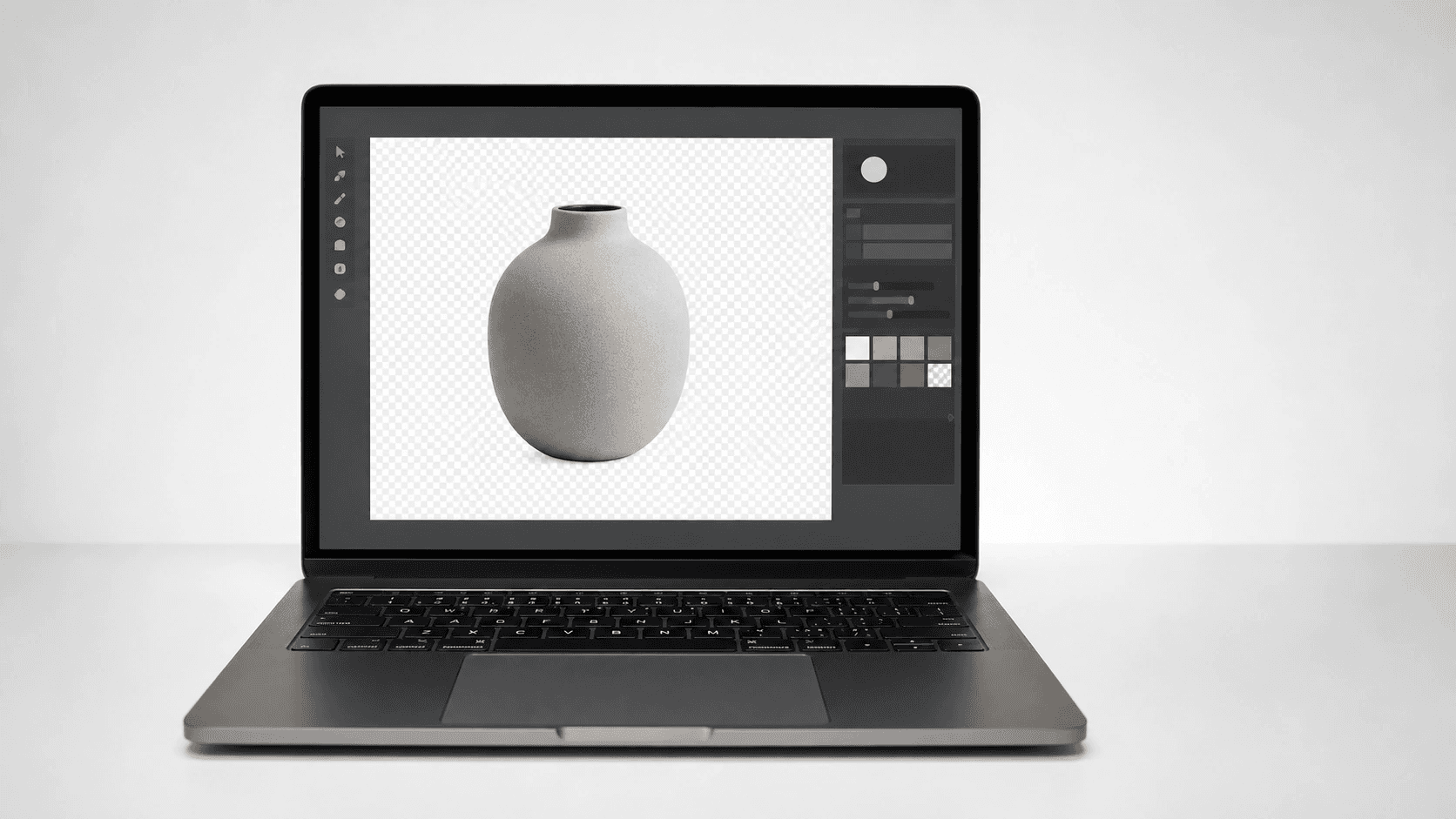 Notebook com uma foto de produto recortada sobre fundo cinza claro