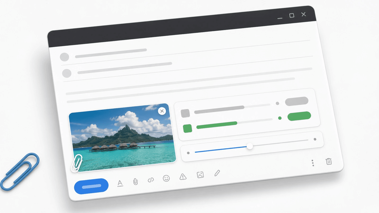 Email mockup with a compressed photo attachment and crisp pixel magnifier