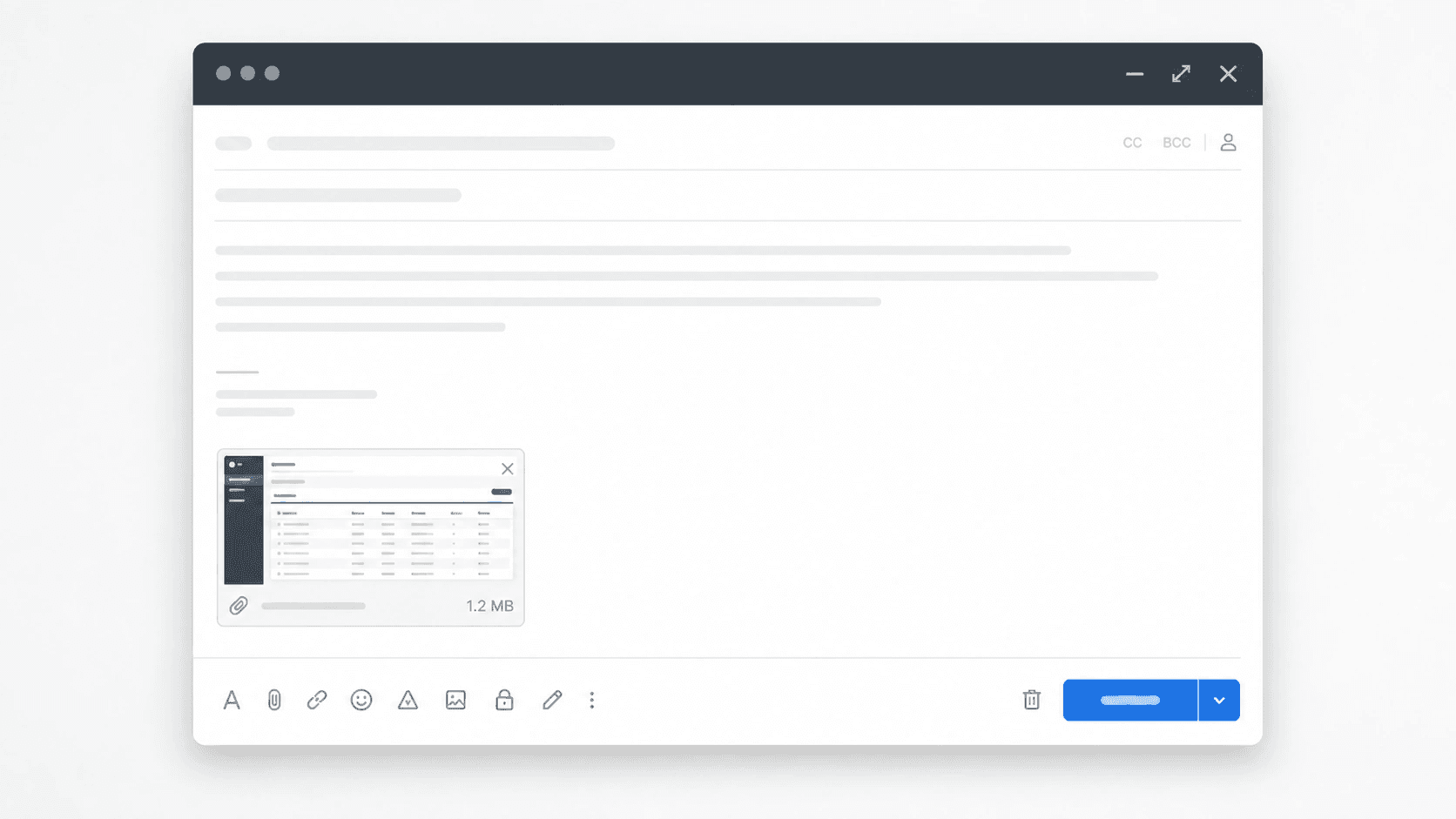 Email compose mockup showing a compressed screenshot attachment with crisp UI details.