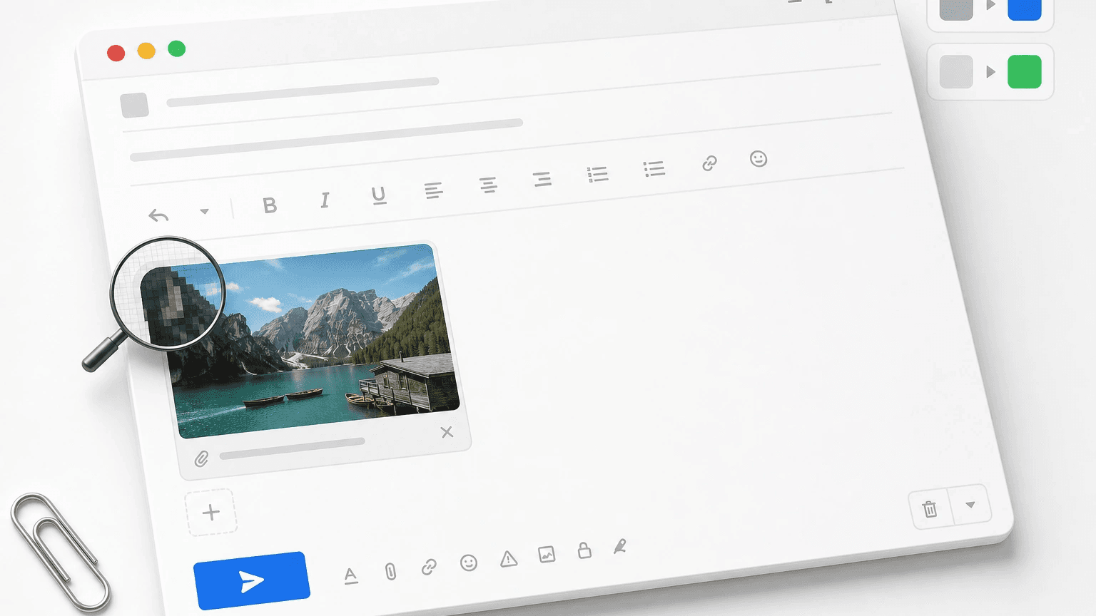 Mockup de e-mail com anexo de foto convertido, lupa mostrando pixels nítidos na miniatura.