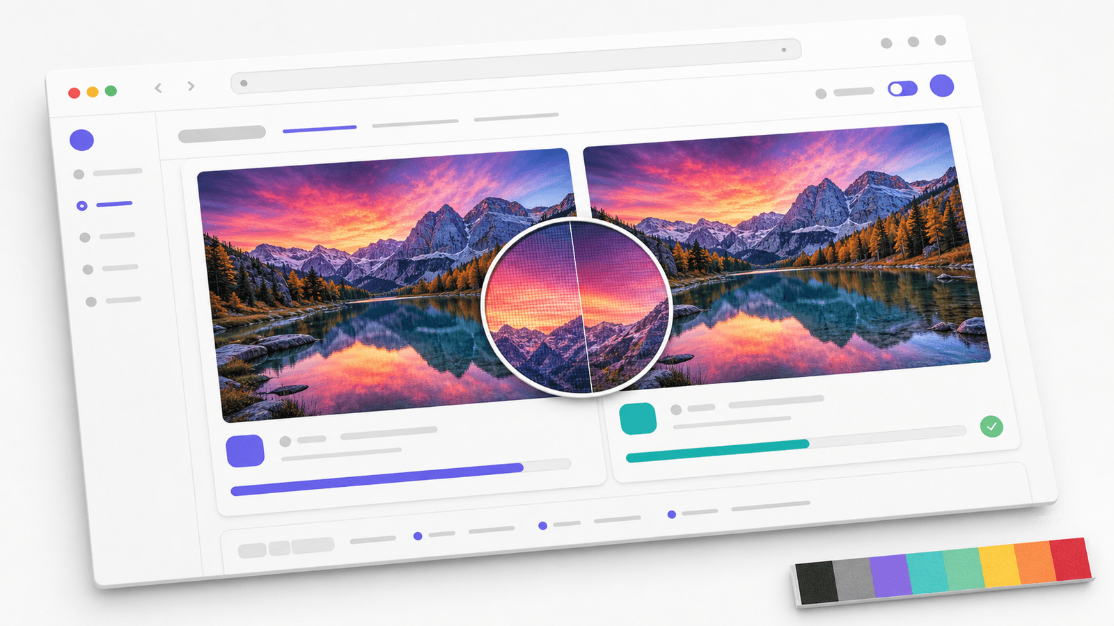 Comparação WebP e AVIF com lupa sobre pixels e barras de tamanho