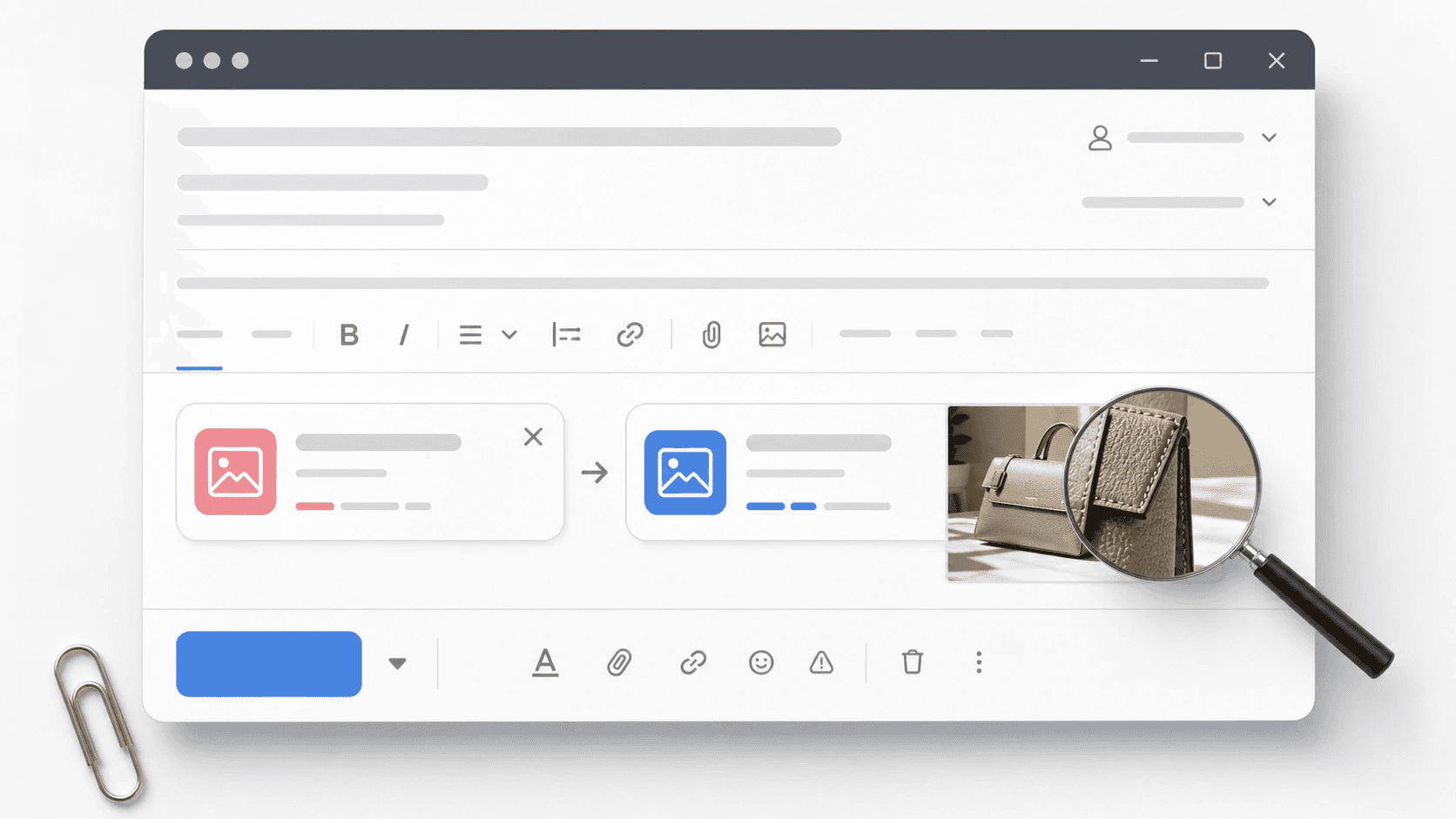 Mockup de upload com WebP convertido para JPG, lupa de nitidez e clipe de anexo.