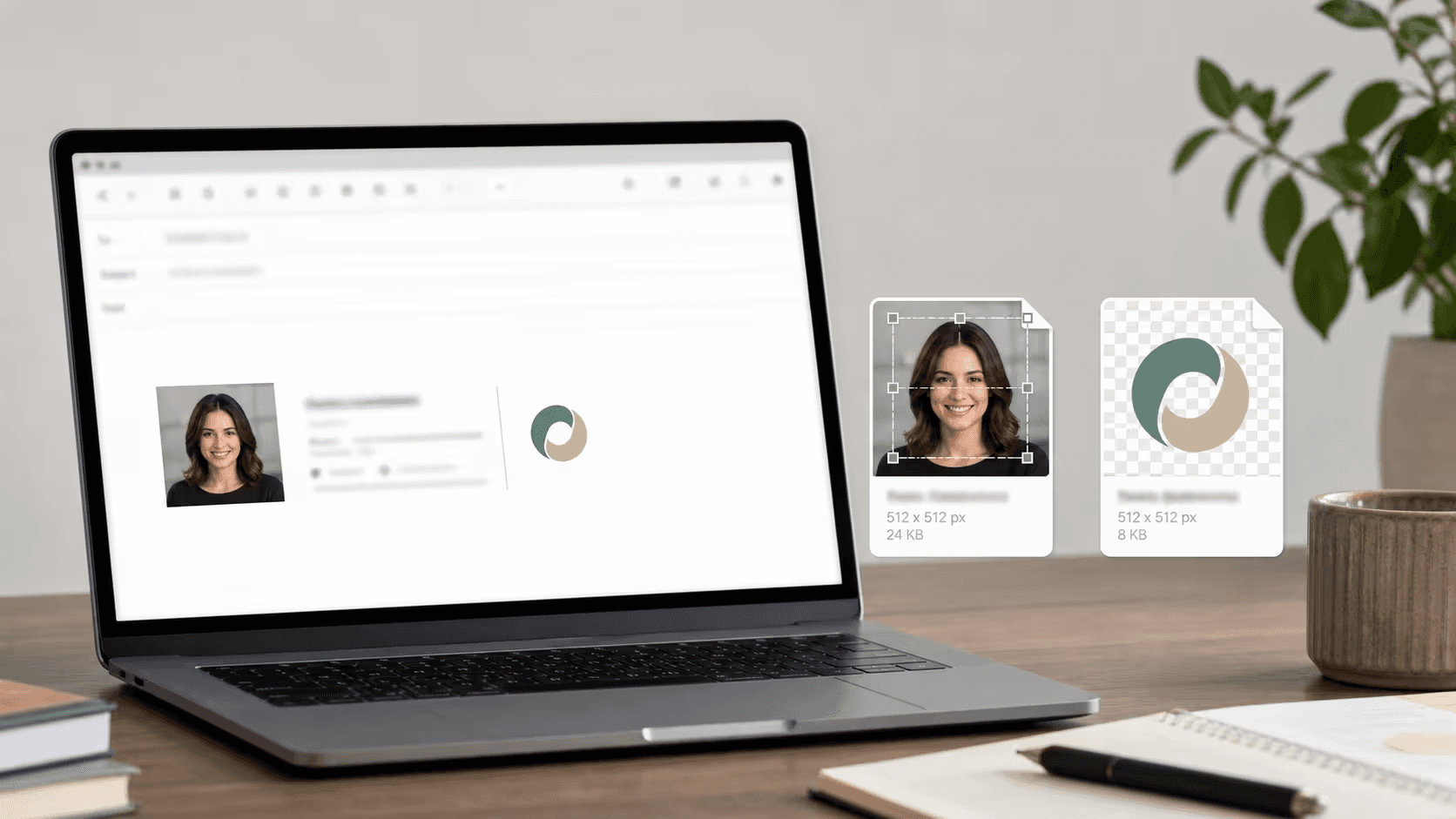 Email signature image assets on a laptop desk