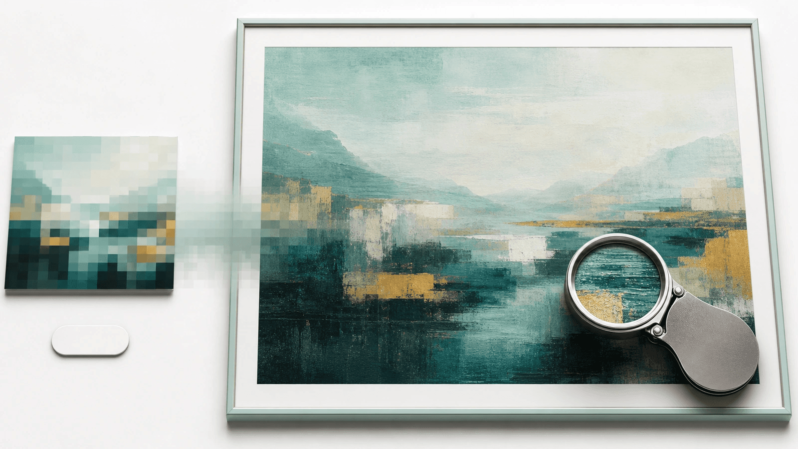 A pixelated low-res photo tile streaming into a large sharp framed landscape print beside a loupe