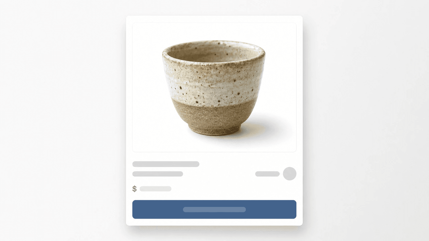Marketplace listing card mockup with a small ceramic cup photo on a clean white background.