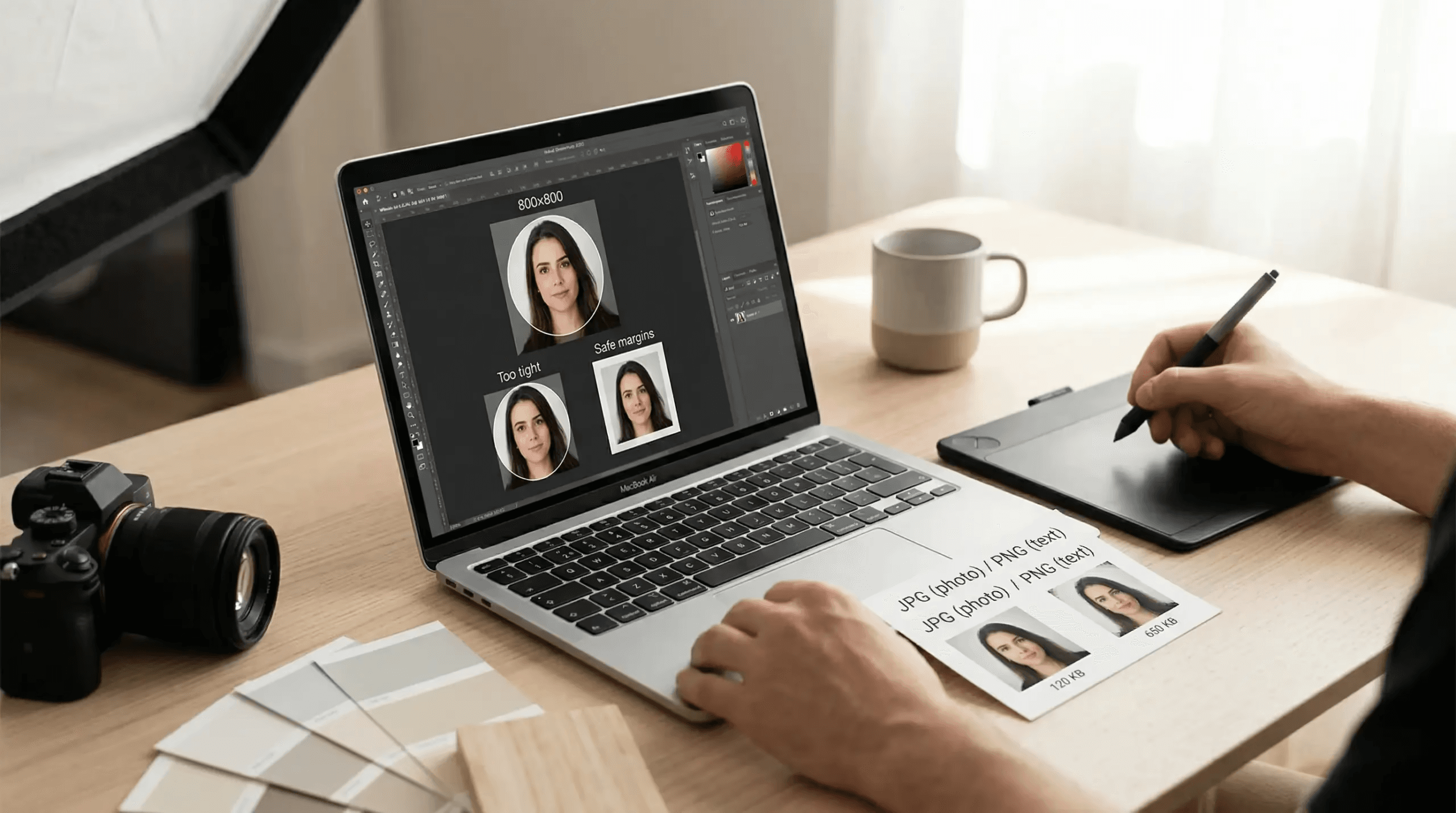 A person uses Adobe Photoshop on a MacBook Air to edit passport-style photos, comparing 'too tight' vs. 'safe margins'...