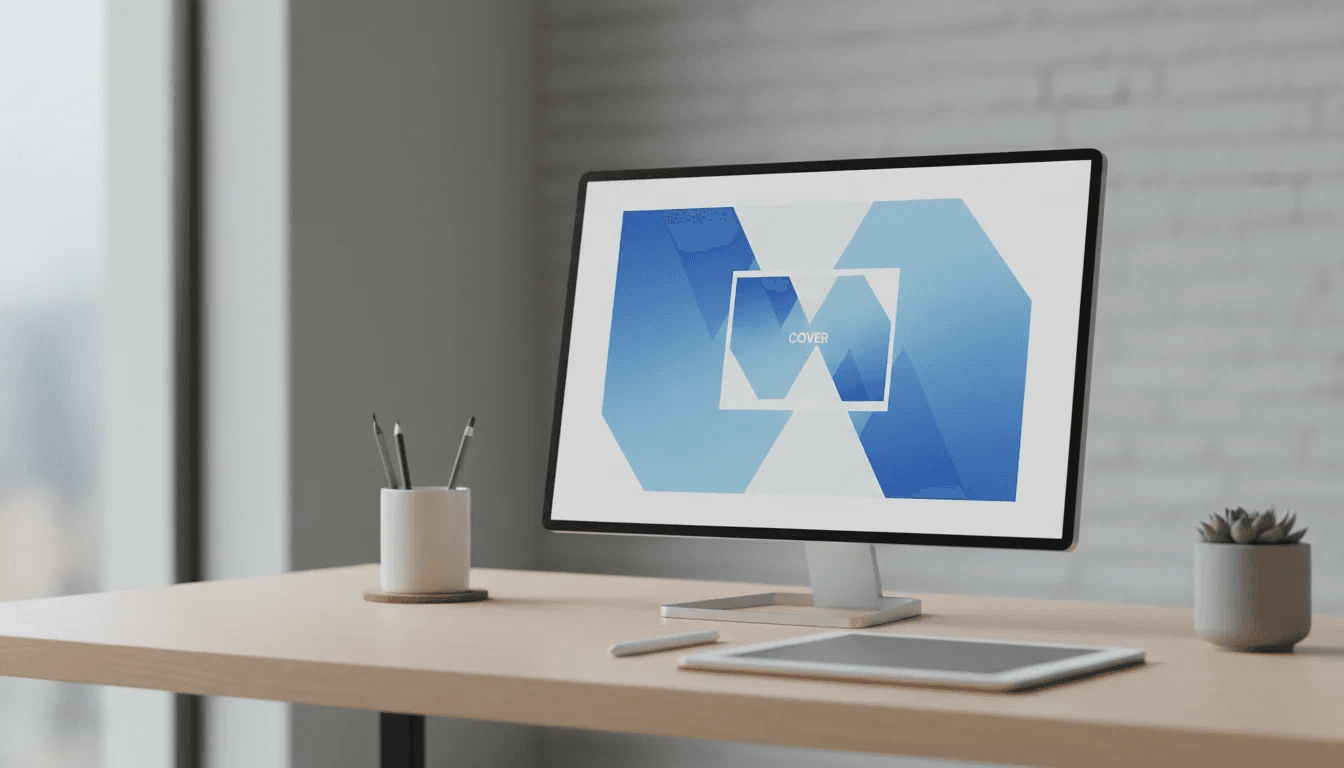 Monitor sobre mesa clara exibindo arte geométrica azul com moldura retangular de capa demarcada no centro da tela