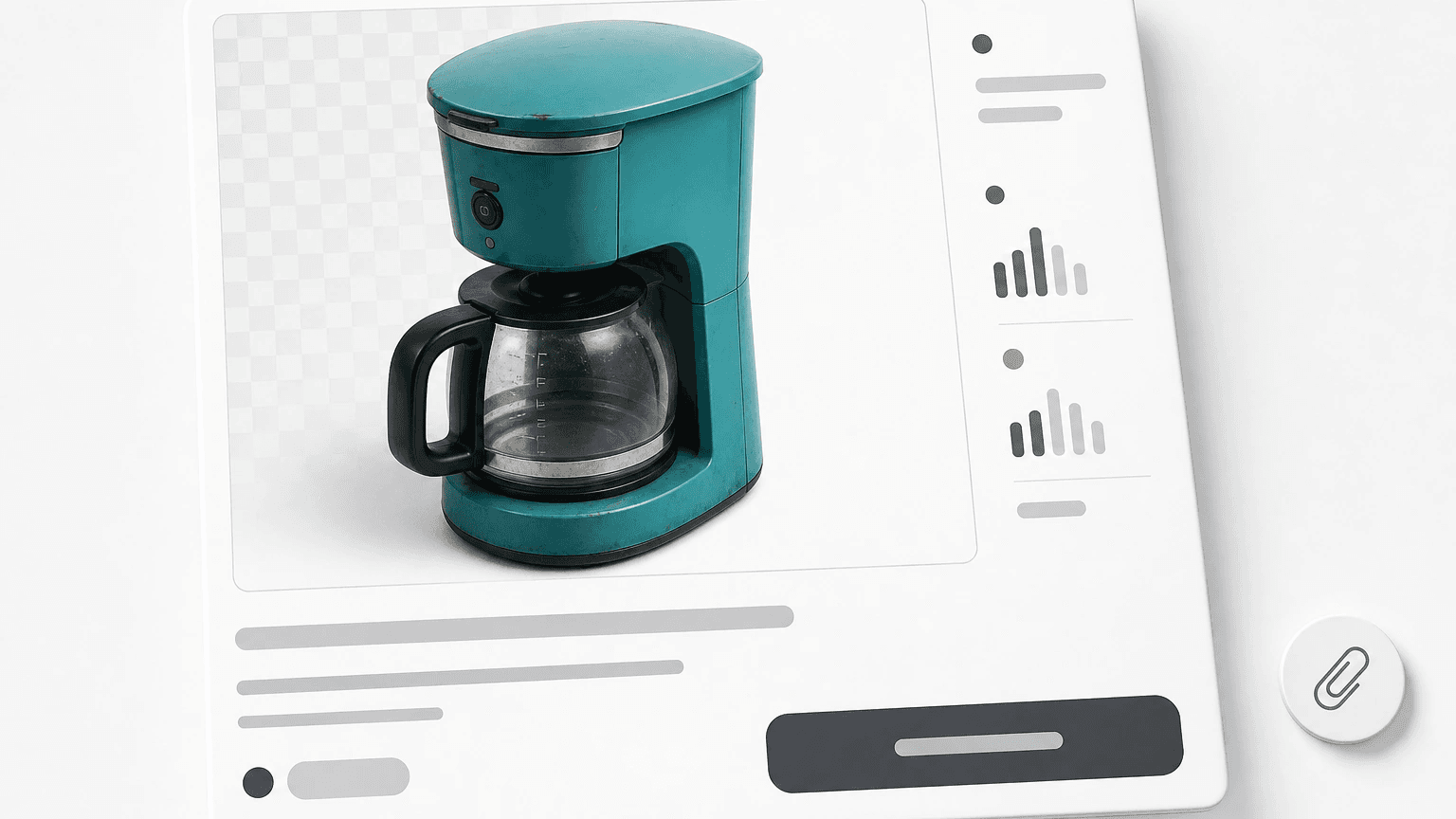 Mockup de anúncio com cafeteira recortada, fundo limpo e indicador visual de arquivo antes e depois.