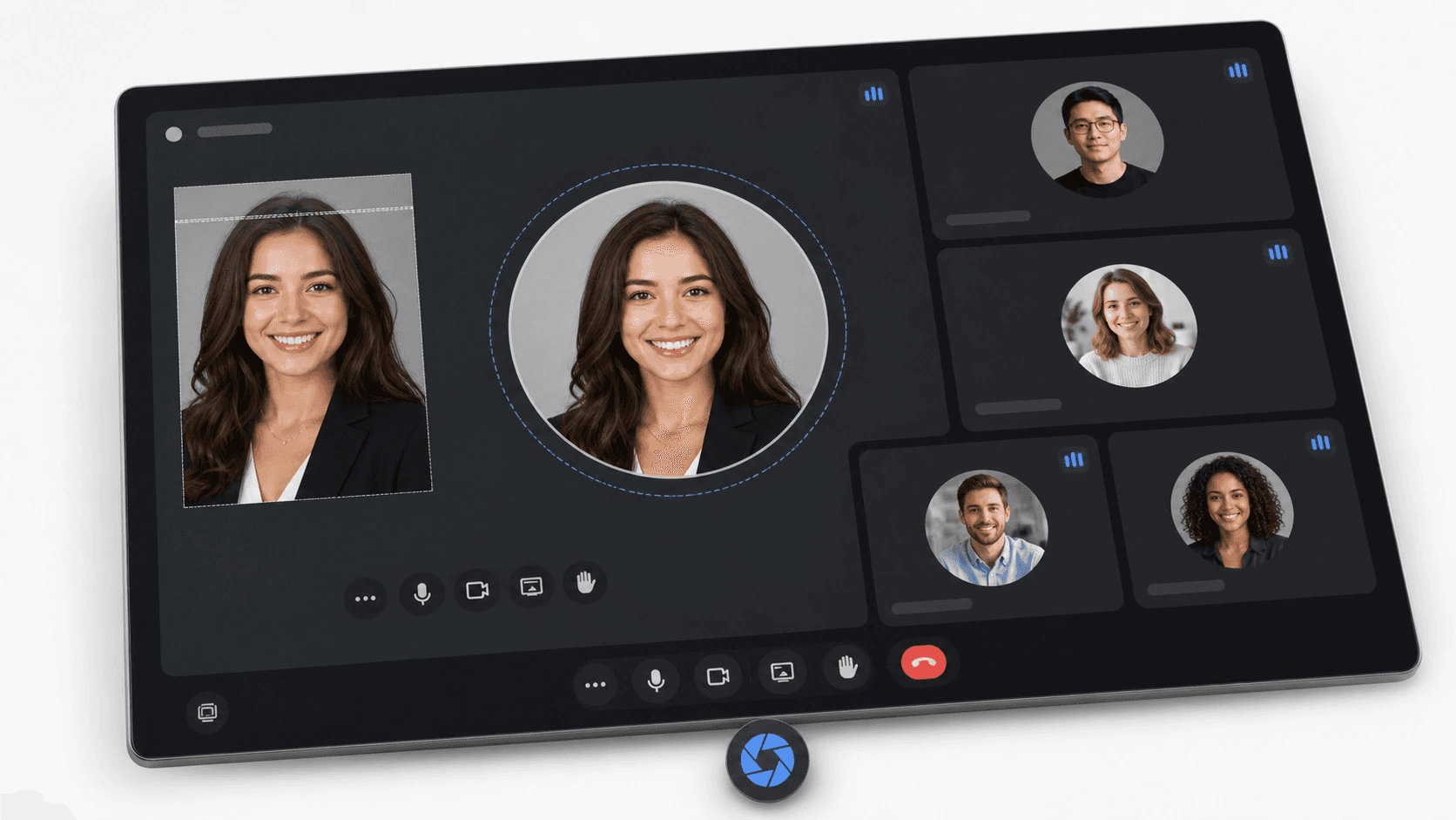 Mockup de videochamada com prévia de cabelo cortado e anel azul de margem segura no avatar circular.