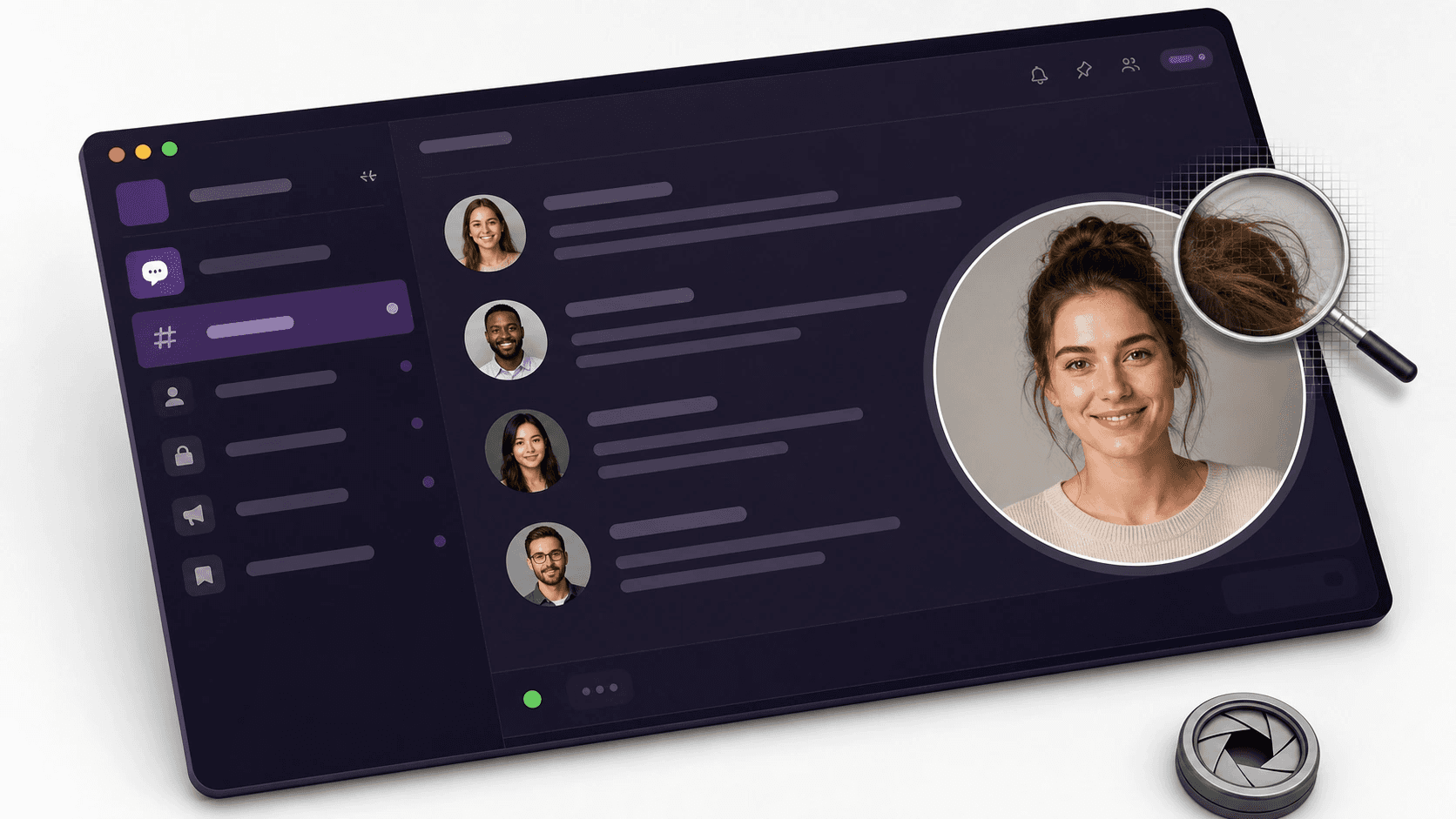 Mockup de chat com avatar circular ampliado por uma lupa que revela fios de cabelo nítidos.