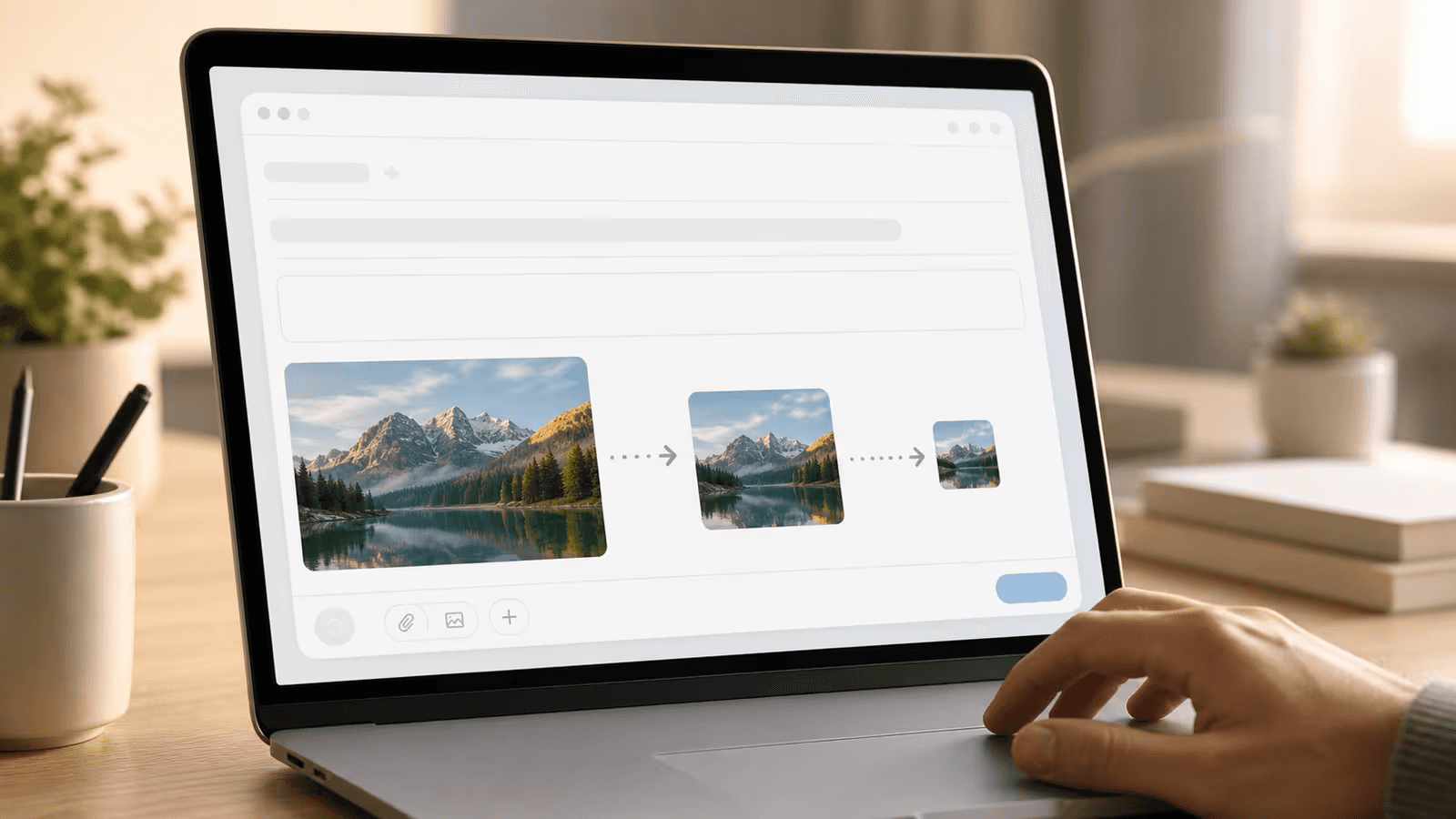 Laptop with email composition shrinking photo attachments