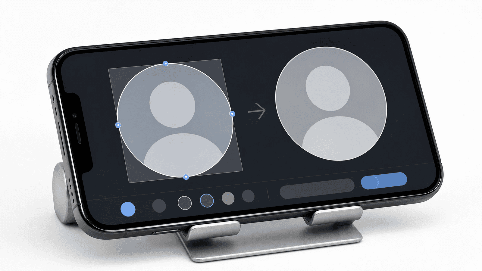 Phone screen shows square crop changing into circular avatar preview