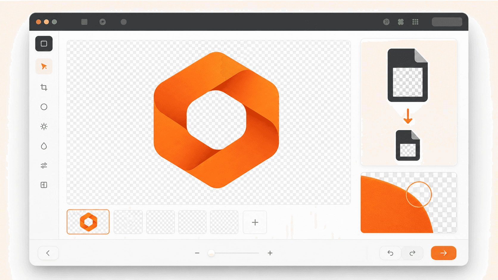Image editor showing an orange transparent logo and a smaller output file