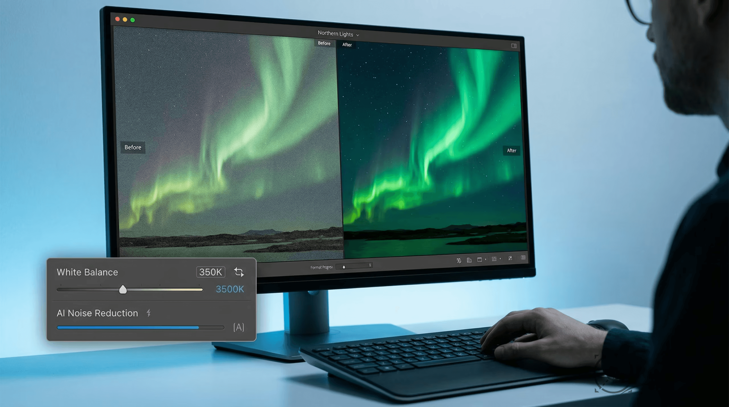 Man adjusts photo editing software on a monitor, using white balance and AI noise reduction sliders to enhance a Northern...