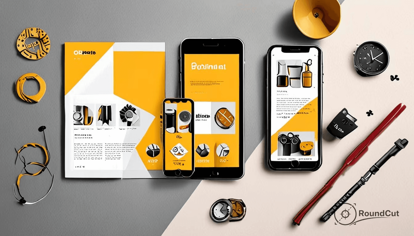 Mockups de interface e smartphones usados para planejar uma página de produto com imagem principal, hierarquia visual e CTA de compra.