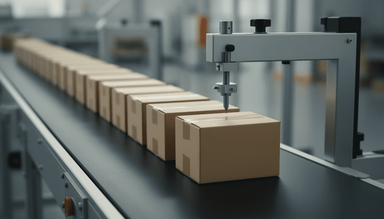 Linha de produção com caixas de produto sem marca em fila sobre superfície escura