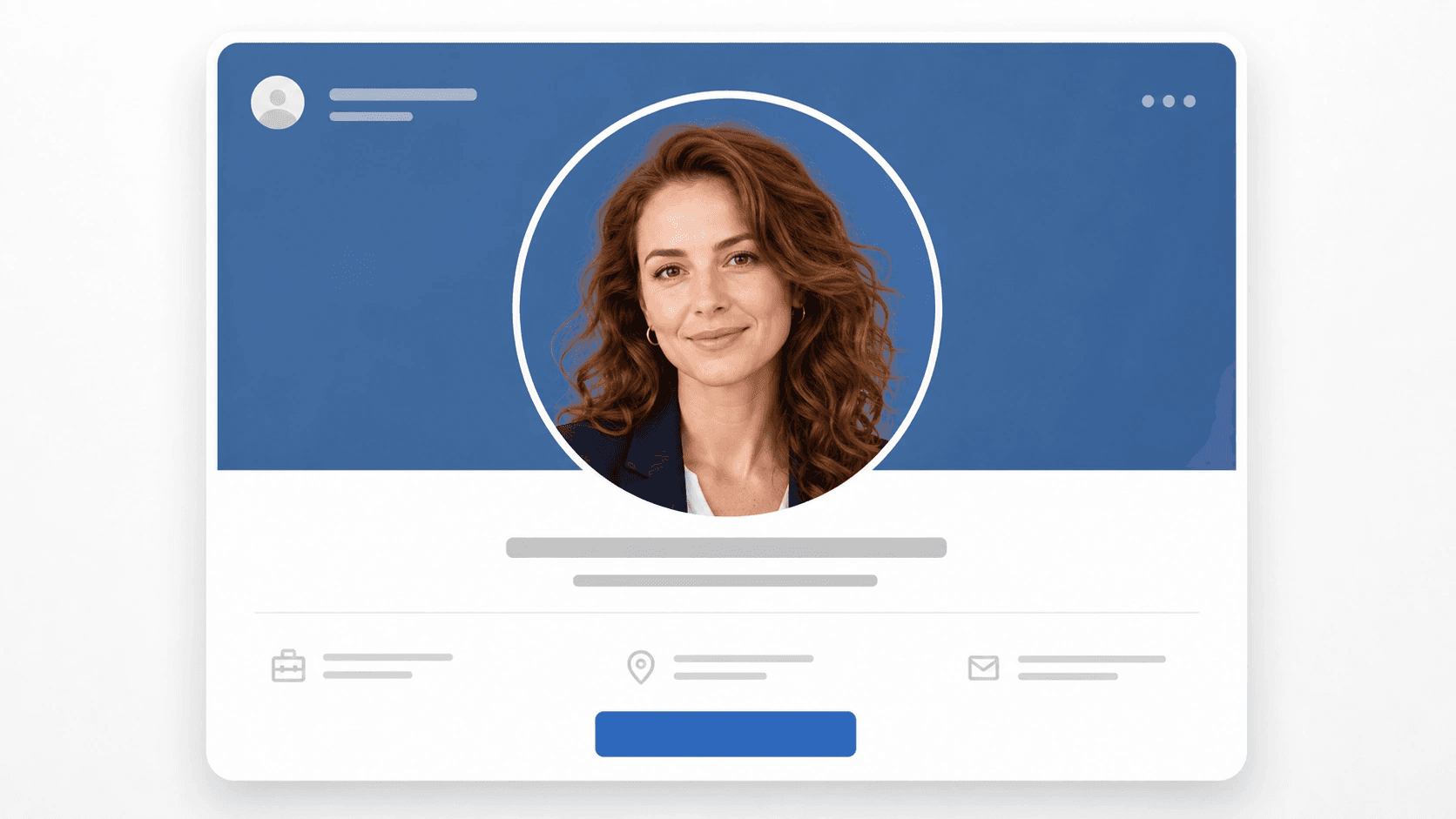 Profile card mockup showing a clean headshot cutout with detailed flyaway hair against a blue background