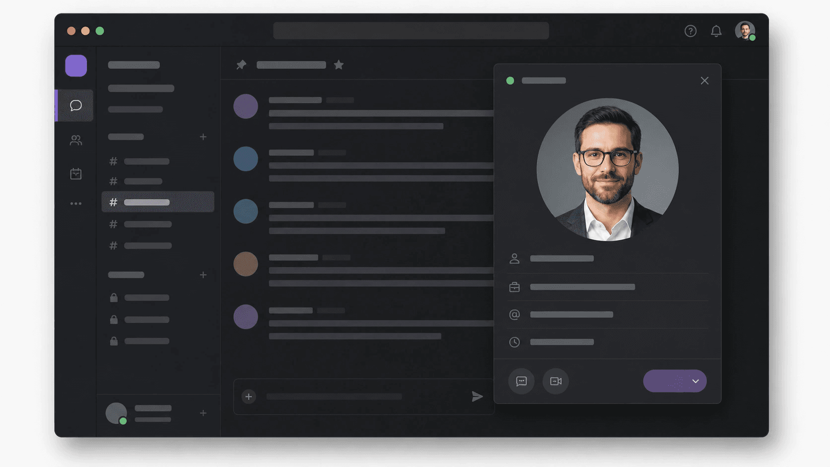Chat workspace profile card with a circular headshot avatar already cropped and centered