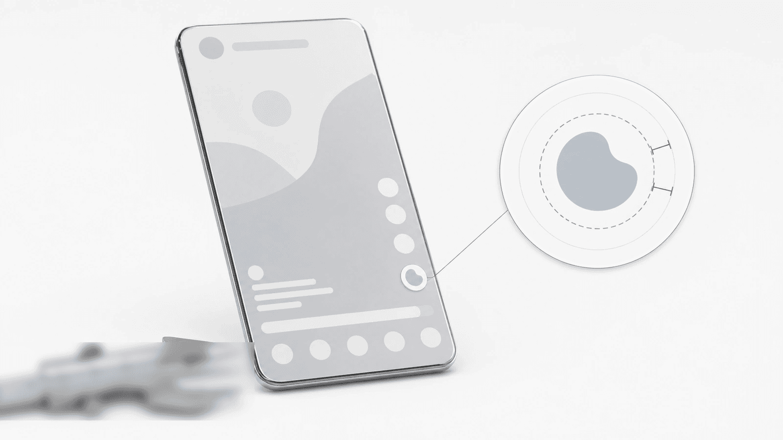 Tiny circular avatar magnified beside a dashed inner safe-zone ring and a caliper