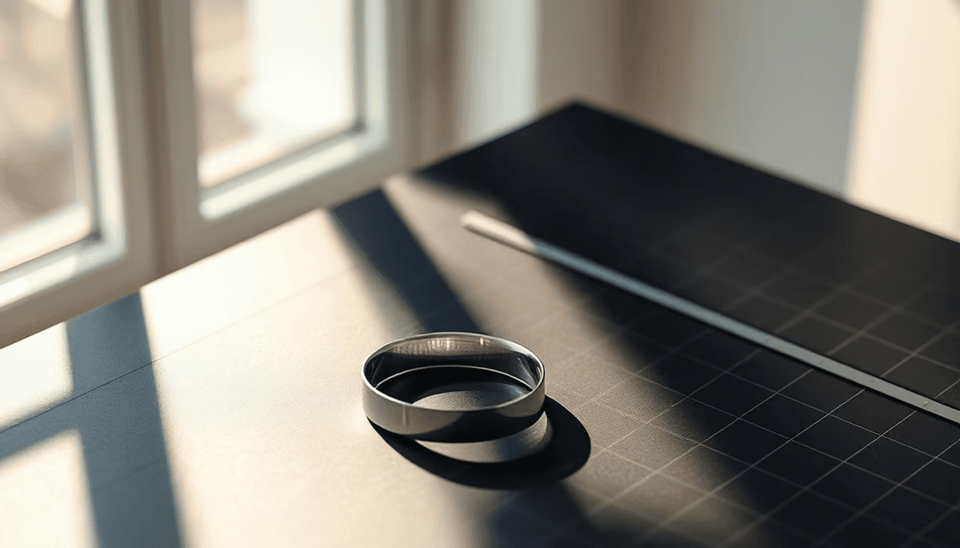 A matte-black cutting mat with a polished circular metal stencil casting a razor-sharp shadow under cool side light, minimal