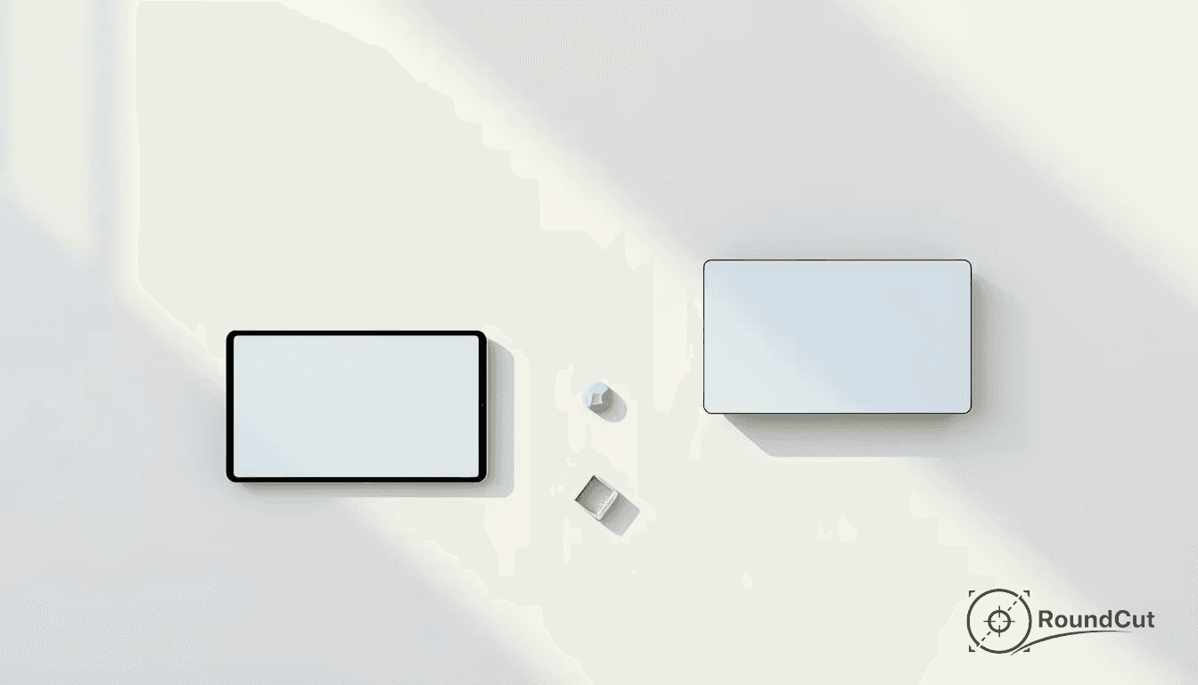 Two blank rectangular screens, a light blue geometric object, and a small open wooden box are arranged on a light surface...