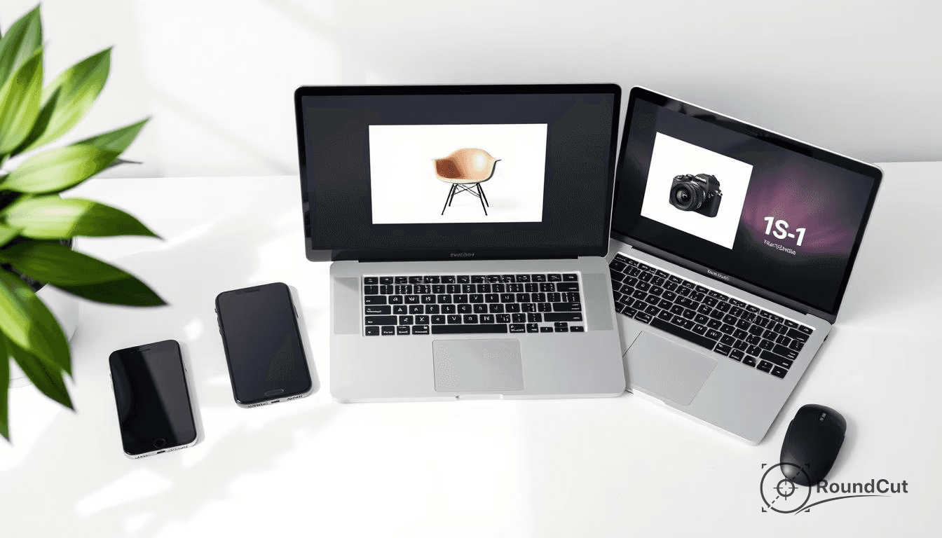 Two silver laptops, two black smartphones, a mouse, and a green plant are neatly arranged on a bright white desk surface