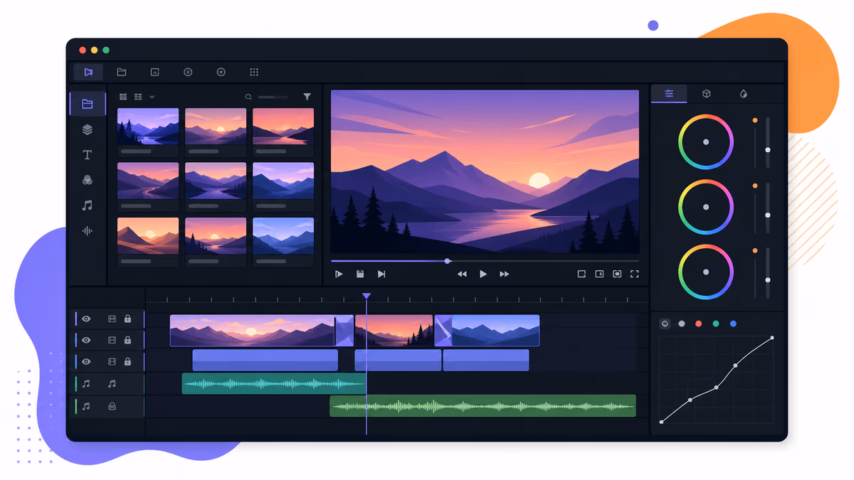 Interface de editor de vídeo para desktop com linha do tempo multipista