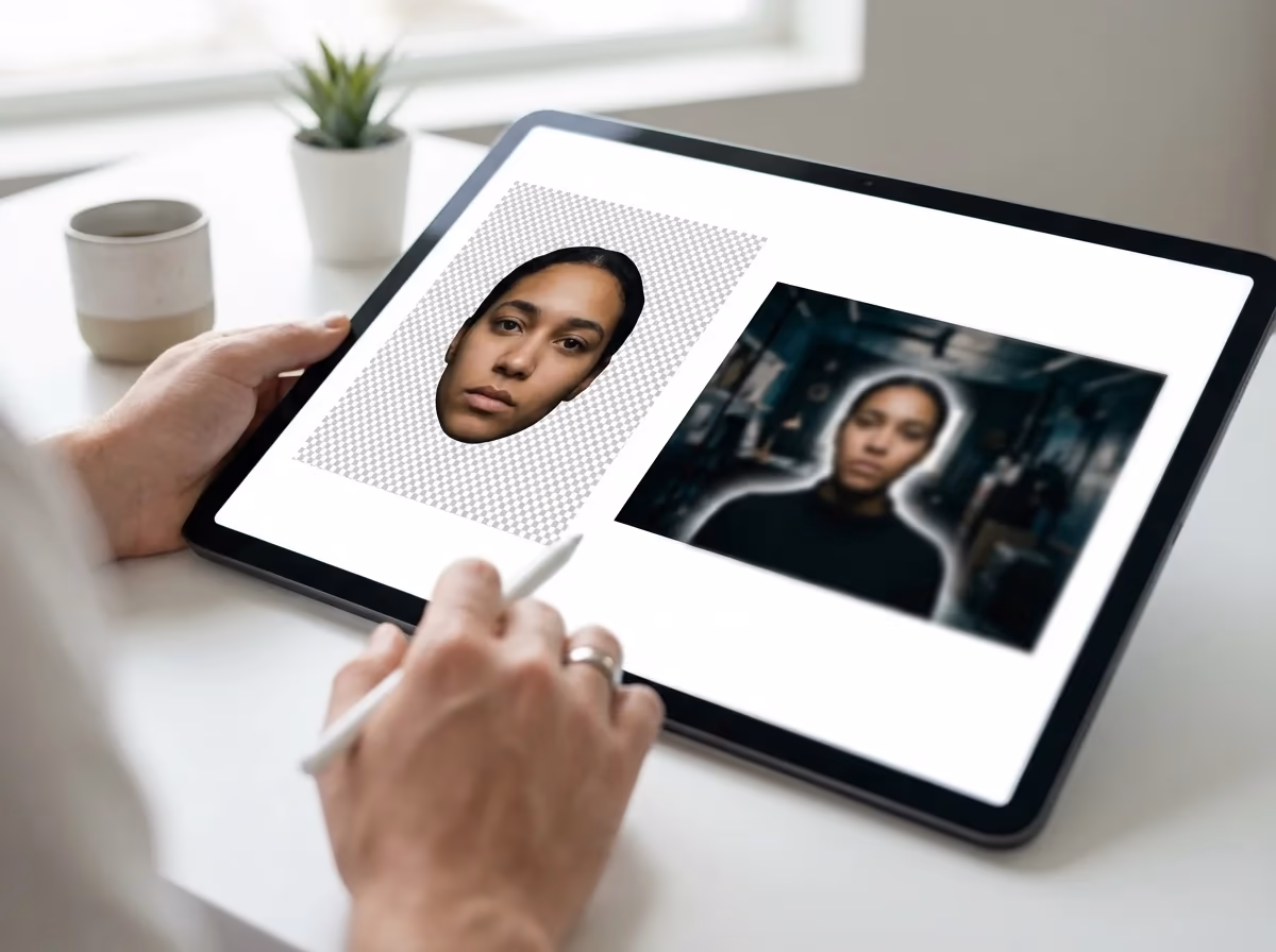 A person uses a stylus on a tablet to edit images, showing a cut-out face and a glowing blurred figure.