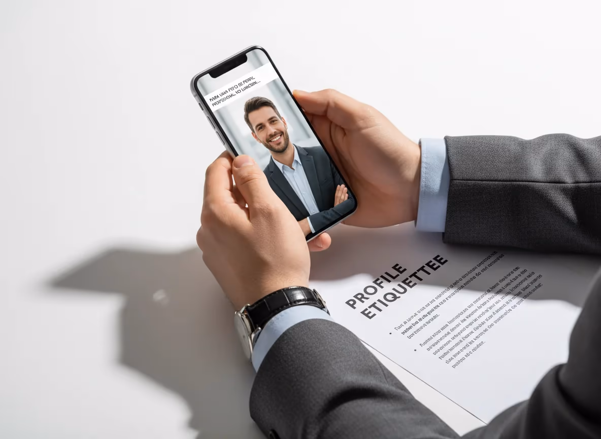 A person in a suit holds a smartphone displaying a professional profile photo, with a 'PROFILE ETIQUETTEE' document on a whit