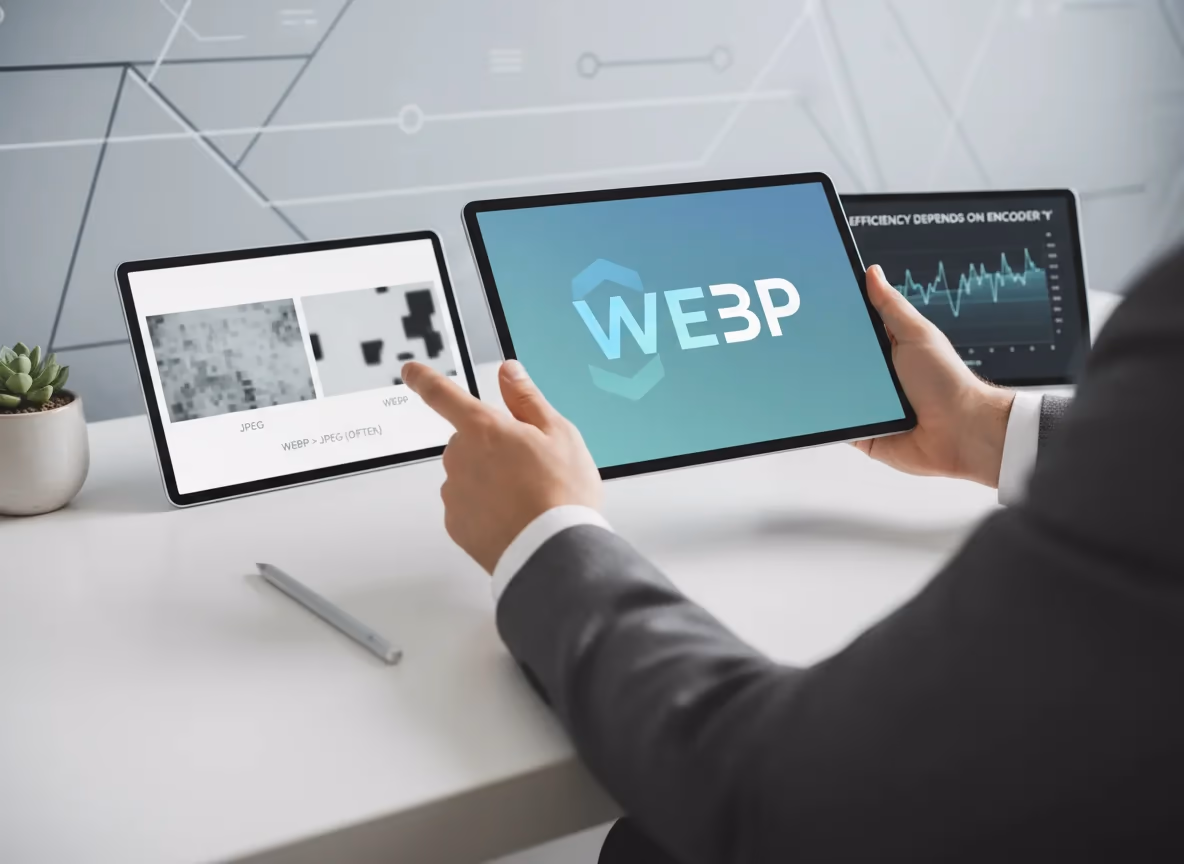 A person interacts with multiple tablets on a white desk, showcasing WEBP image format comparisons and data.