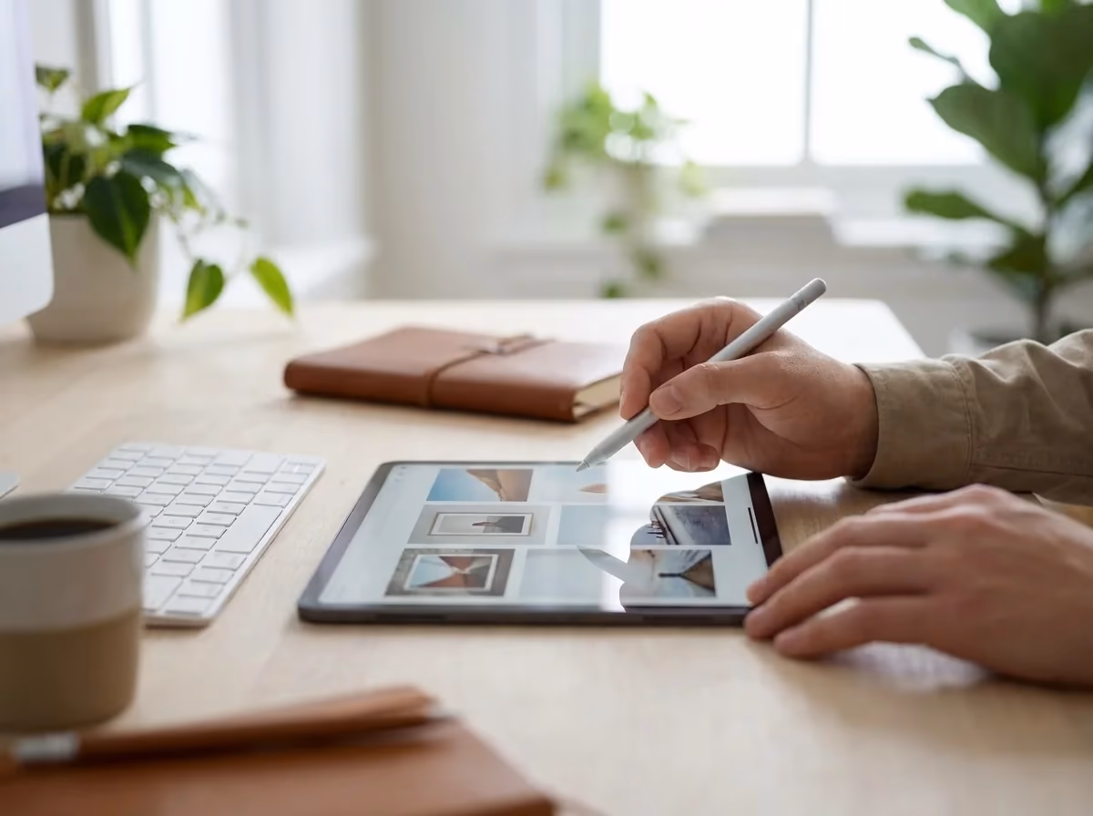 A person uses a stylus on a tablet displaying images, on a wooden desk with a keyboard, coffee, and notebooks.