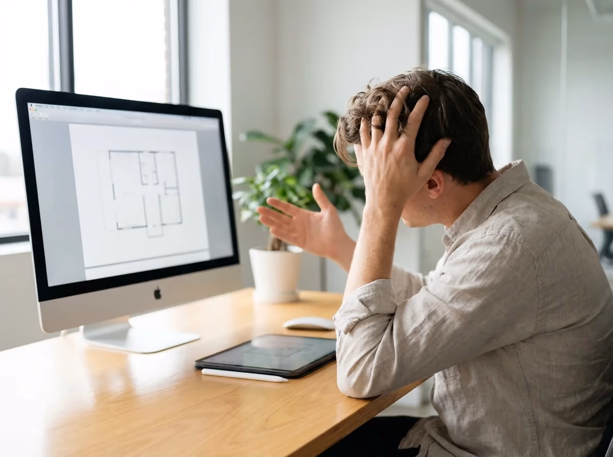 A man looking frustrated at an architectural floor plan displayed on a computer screen in an office.